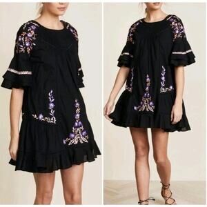 Free People Black Embroidered Pavlo Dress Sz XS Floral Ruffle (V1